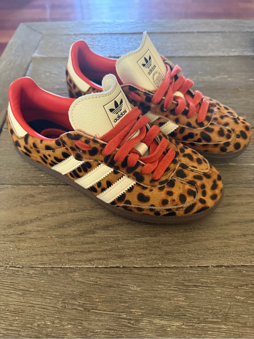 adidas Women’s Leopard Print Sneakers with White Stripes and Red Laces (size 5)